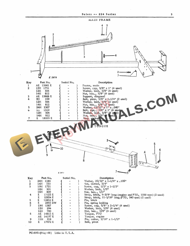 John Deere (224T PTO) and (224WS Engine) Balers Parts Catalog PC895 01MAY68-5