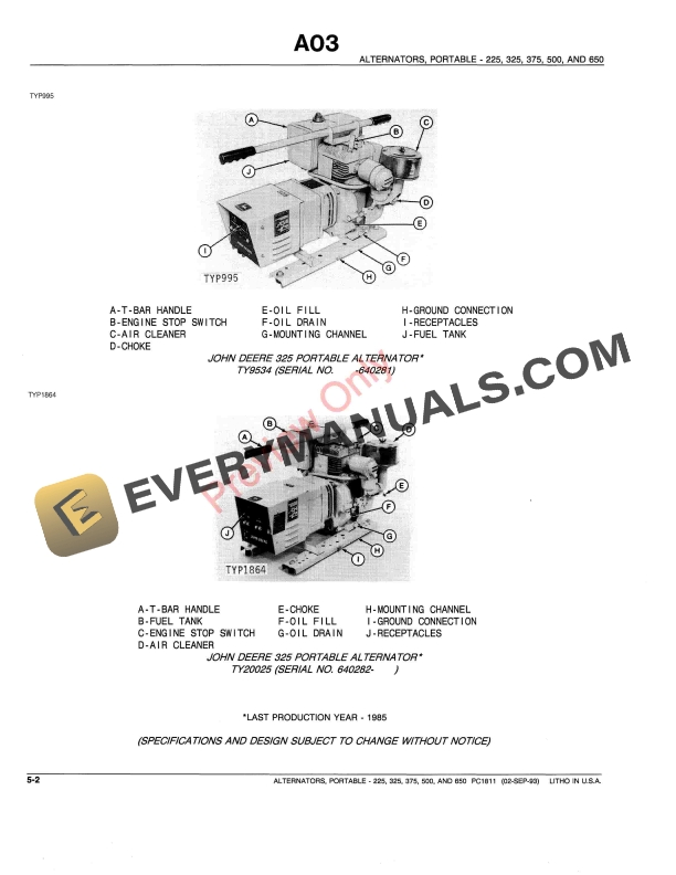 John Deere 225, 325, 375, 500, 650 Alternators Parts Catalog PC1811 02SEP93-4