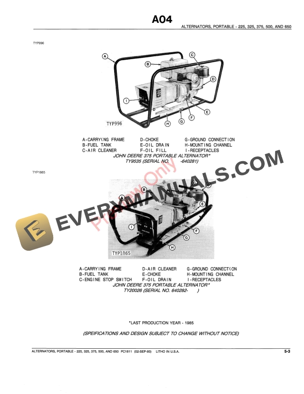 John Deere 225, 325, 375, 500, 650 Alternators Parts Catalog PC1811 02SEP93-5