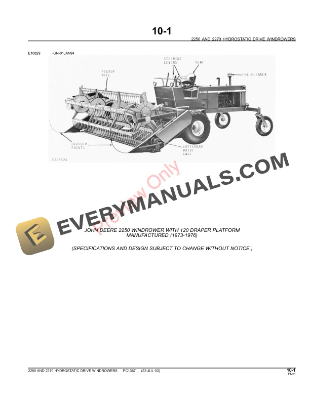 John Deere 2250 and 2270 Windrowers Parts Catalog PC1367 09MAY11-3