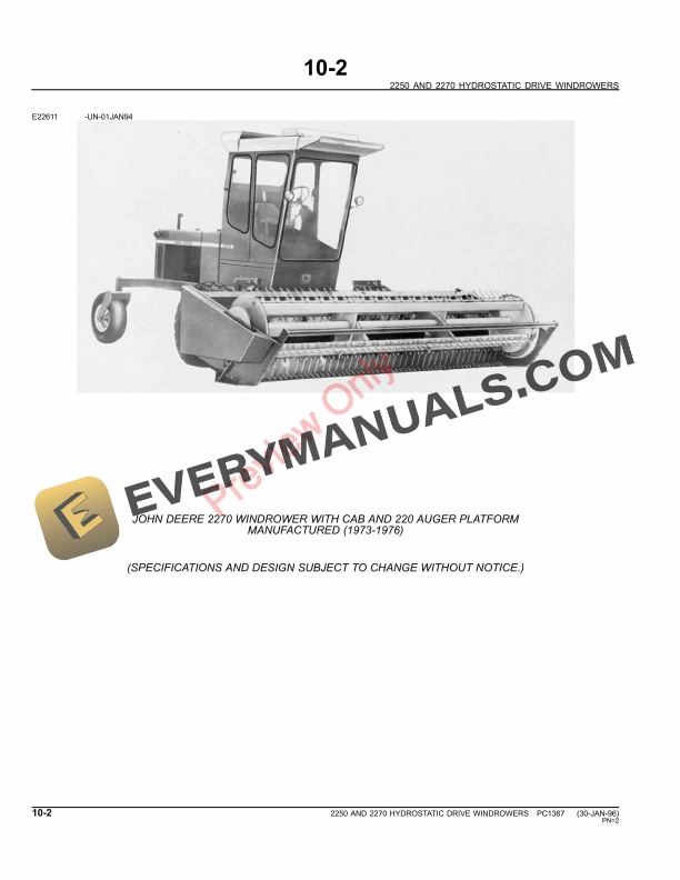 John Deere 2250 and 2270 Windrowers Parts Catalog PC1367 09MAY11-4