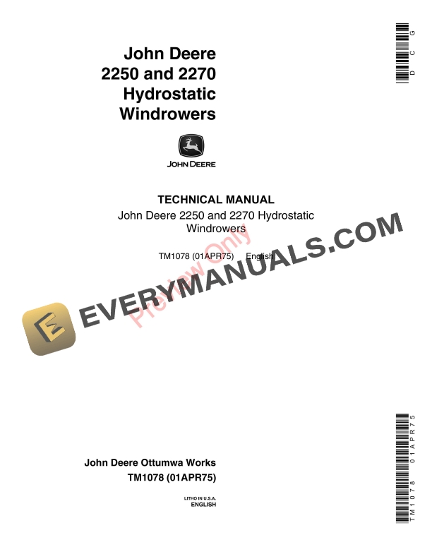 John Deere 2250 and 2270 Windrowers Technical Manual TM1078 01APR75-1