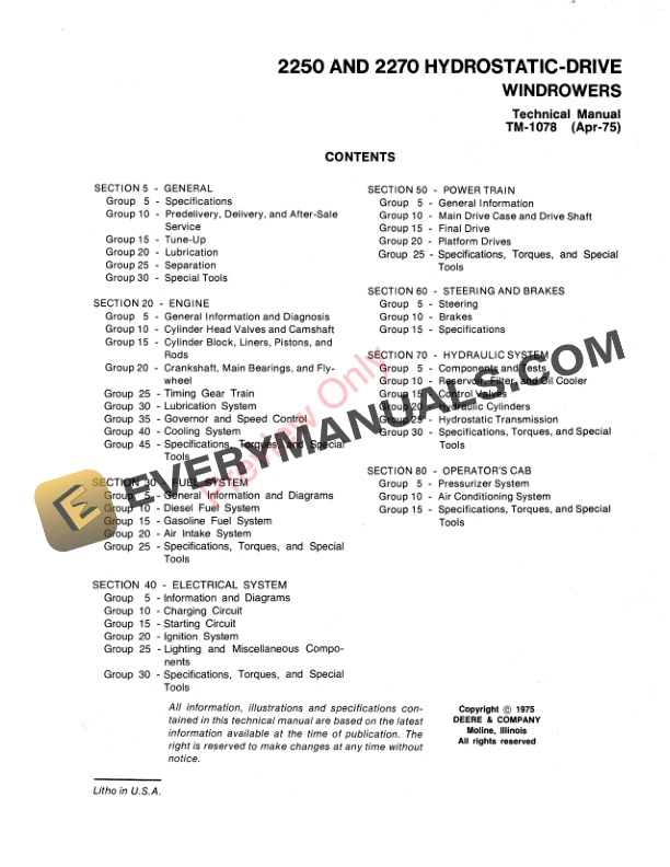 John Deere 2250 and 2270 Windrowers Technical Manual TM1078 01APR75 3