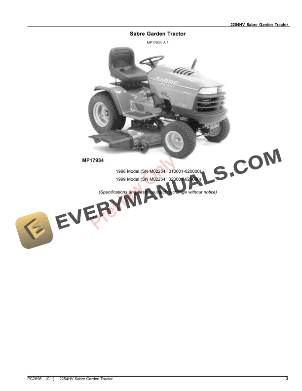 John Deere 2254HV SABRE GARDEN TRACTOR Parts Catalog PC2698 14SEP23-3