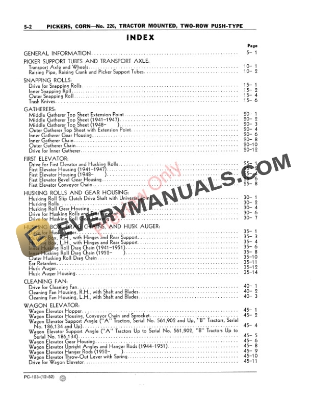John Deere 226 Two Row Push Corn Picker Parts Catalog PC123 01DEC52-2