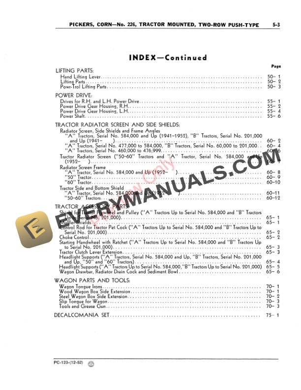 John Deere 226 Two Row Push Corn Picker Parts Catalog PC123 01DEC52-3