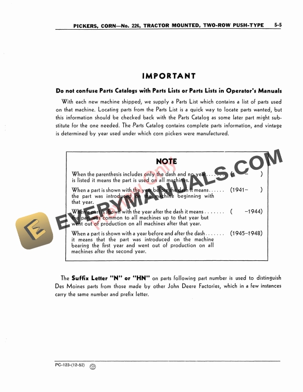 John Deere 226 Two Row Push Corn Picker Parts Catalog PC123 01DEC52-5