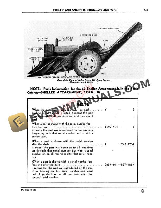 John Deere 227 and 227S Corn Picker and Snapper Parts Catalog PC285 01FEB64 4 John Deere 227 and 227S Corn Picker and Snapper Parts Catalog PC285 01FEB64-3