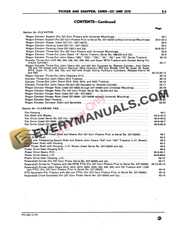 John Deere 227 and 227S Corn Picker and Snapper Parts Catalog PC285 01FEB64 6 John Deere 227 and 227S Corn Picker and Snapper Parts Catalog PC285 01FEB64-5