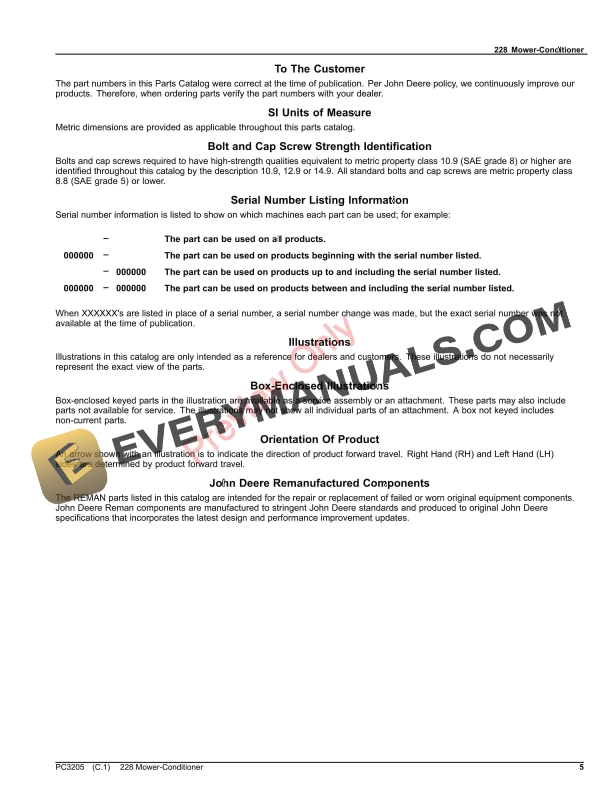 John Deere 228 FRONT MOWER CONDITIONER Parts Catalog PC3205 20SEP21-5