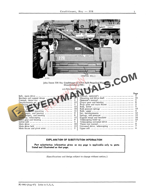 John Deere 228 Hay Conditioner Parts Catalog PC991 01AUG67-3