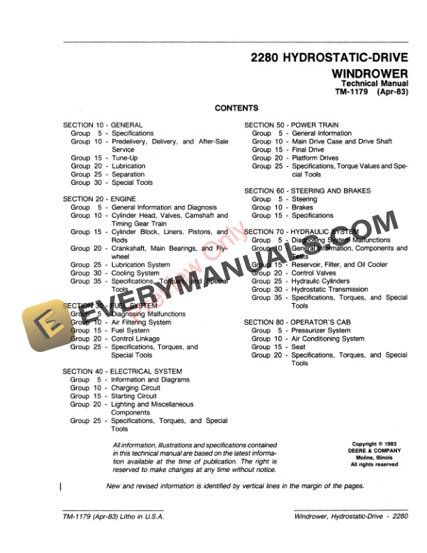 John Deere 2280 Windrower Technical Manual TM1179 01APR83 3
