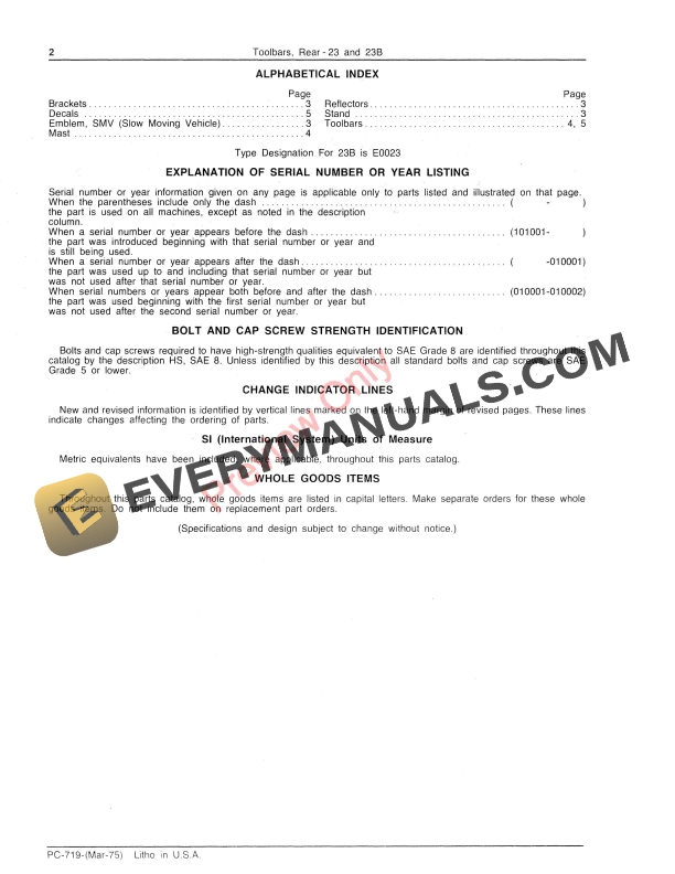 John Deere 23, 23B Rear Toolbars Parts Catalog PC719 01MAR75-4