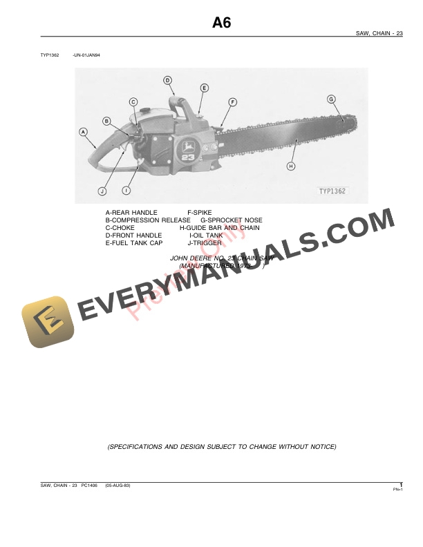 John Deere 23 Chain Saw Parts Catalog PC1406 05AUG83-3