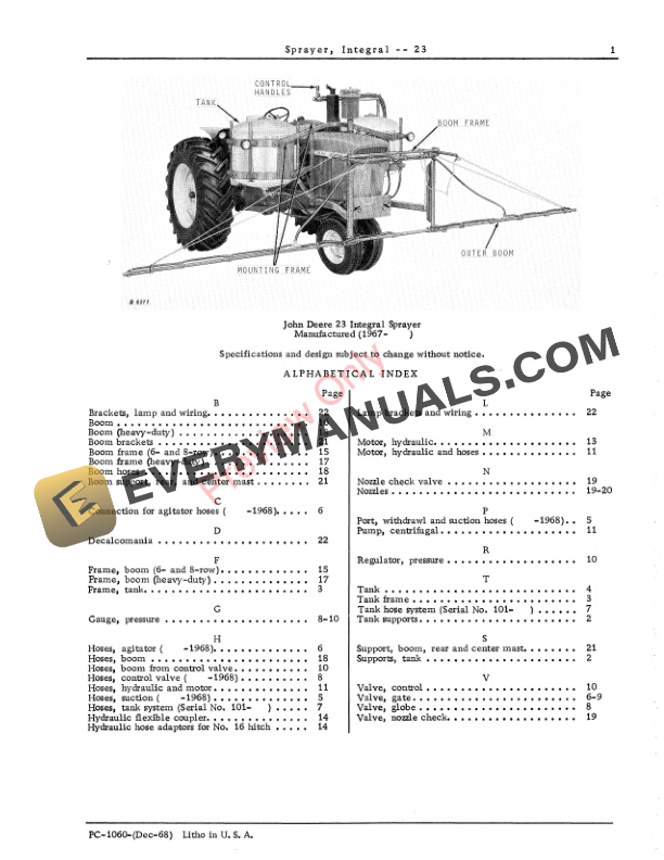 John Deere 23 Integral Sprayer Parts Catalog PC1060 01DEC68 3