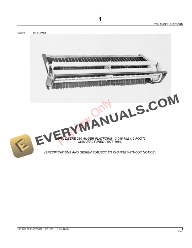John Deere 230 Auger Platform Parts Catalog PC1605 11MAY11-3