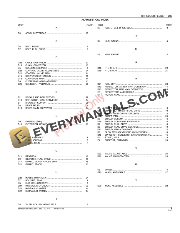 John Deere 230 Shredder-Feeder Parts Catalog PC1544 02SEP83-5