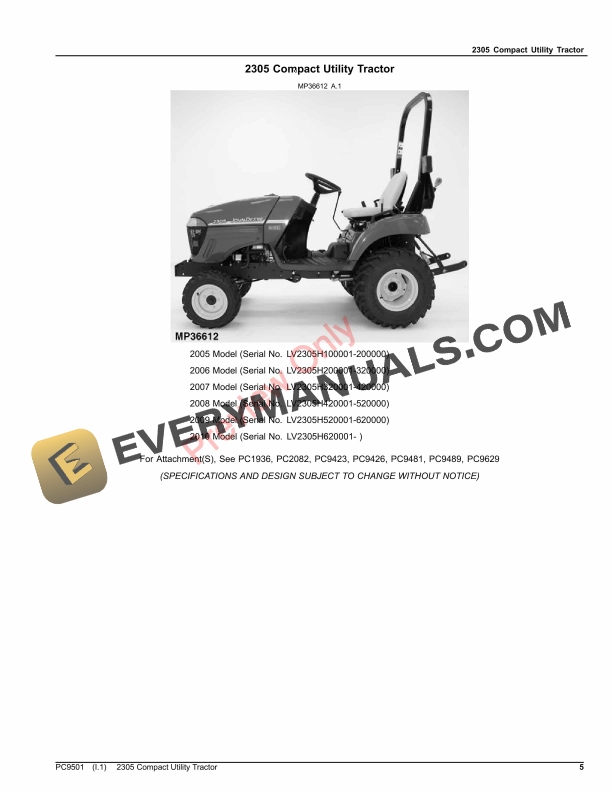 John Deere 2305 Compact Utility Tractor Parts Catalog PC9501 26OCT23-5