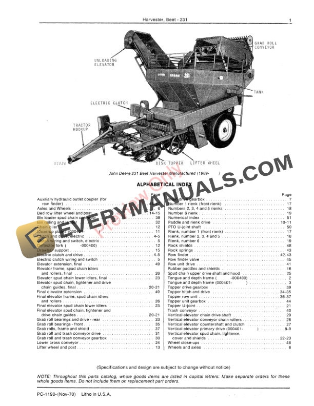 John Deere 231 Beet Harvester Parts Catalog PC1190 01NOV70 3