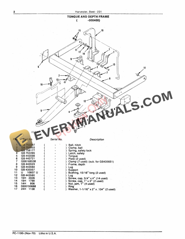 John Deere 231 Beet Harvester Parts Catalog PC1190 01NOV70 4
