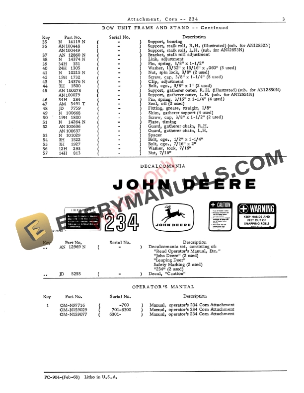 John Deere 234 Corn Attachment Parts Catalog PC904 01FEB68-5