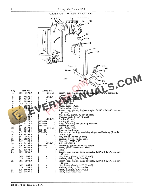 John Deere 235 Cable Plow Parts Catalog PC804 01FEB63-4