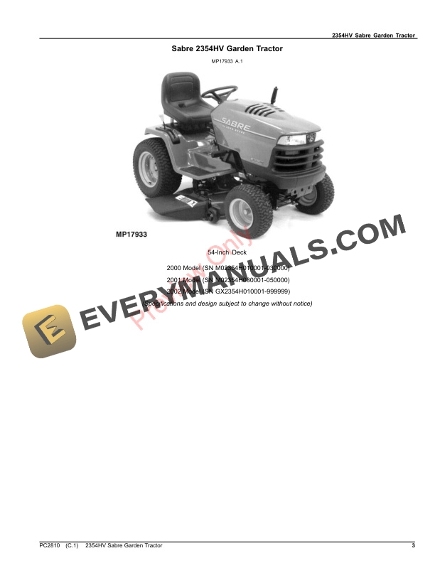 John Deere 2354HV SABRE GARDEN TRACTOR Parts Catalog PC2810 12MAY23-3