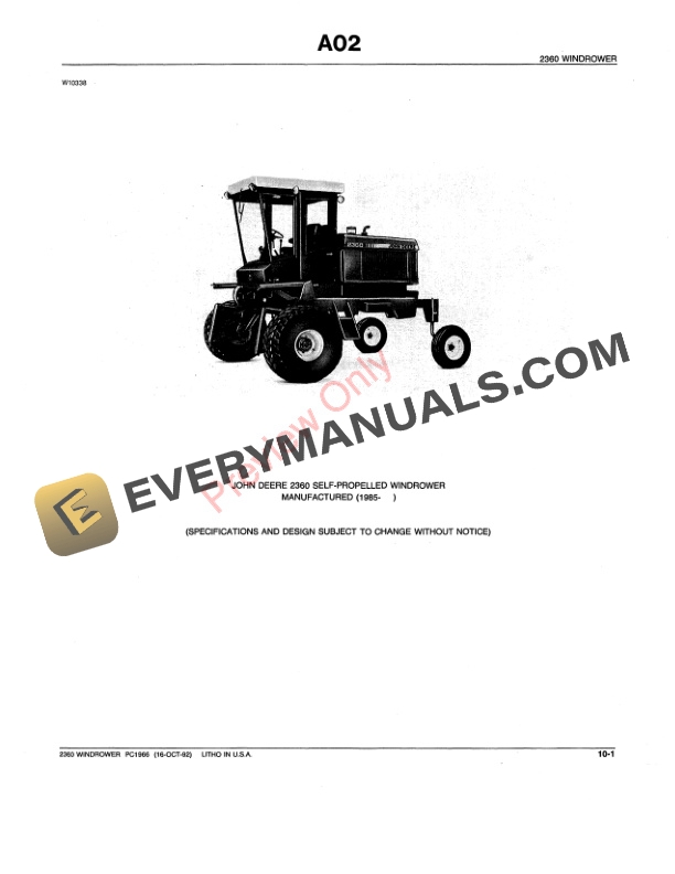 John Deere 2360 Self-Propelled Windrower Parts Catalog PC1966 01JUL93-3