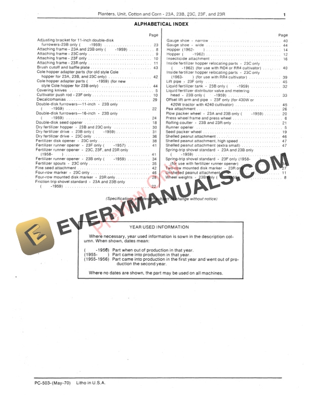 John Deere 23A, 23B, 23C, 23F, 23R Cotton and Corn Unit Planters Parts Catalog PC503 01MAY70 4 John Deere 23A, 23B, 23C, 23F, 23R Cotton and Corn Unit Planters Parts Catalog PC503 01MAY70-3