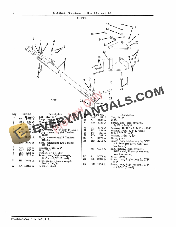 John Deere 24, 25, 26 Tandem Hitches Parts Catalog PC906 01MAR64-4