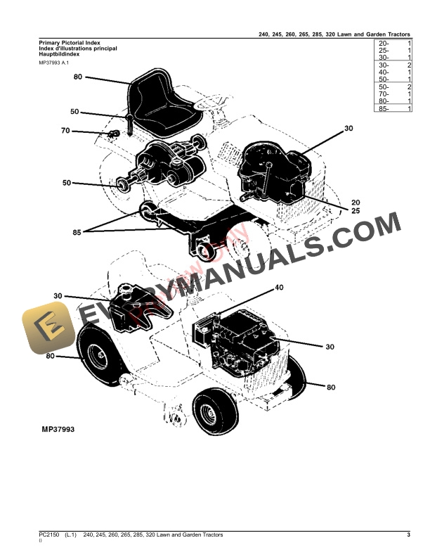 John Deere 240, 245, 260, 265, 285 and 320 Lawn and Garden Tractors Parts Catalog PC2150 27JUN23 4 John Deere 240, 245, 260, 265, 285 and 320 Lawn and Garden Tractors Parts Catalog PC2150 27JUN23-3