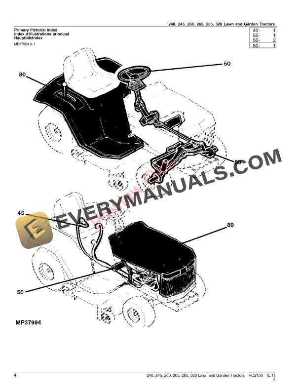 John Deere 240, 245, 260, 265, 285 and 320 Lawn and Garden Tractors Parts Catalog PC2150 27JUN23 5 John Deere 240, 245, 260, 265, 285 and 320 Lawn and Garden Tractors Parts Catalog PC2150 27JUN23-4