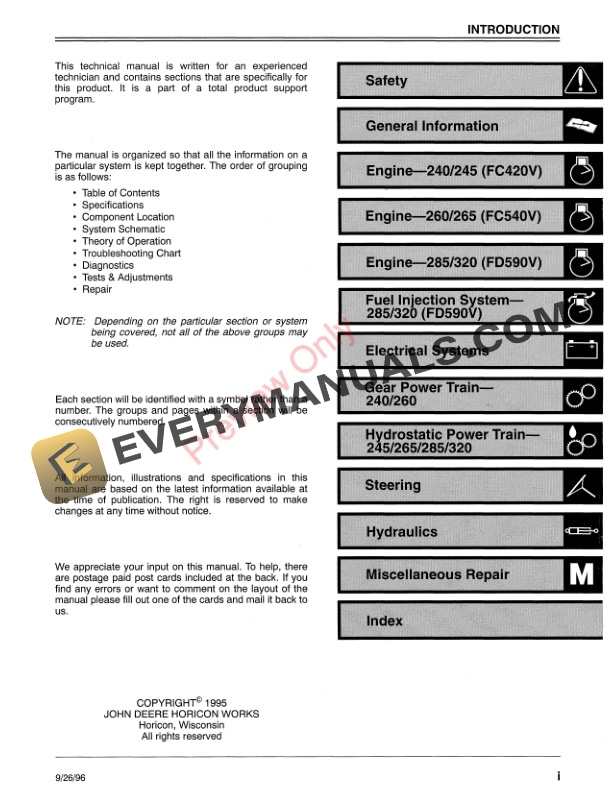 John Deere 240 245 260 265 285 and 320 Lawn and Garden Tractors Technical Manual TM1426 01SEP1996 3