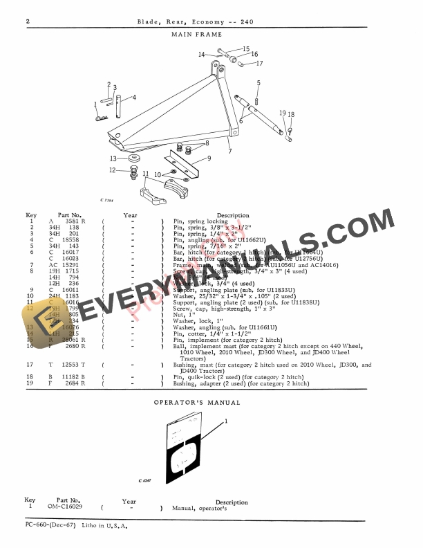 John Deere 240 Rear Blade Parts Catalog PC660 01DEC67-4
