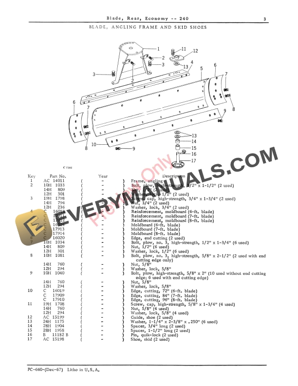 John Deere 240 Rear Blade Parts Catalog PC660 01DEC67-5