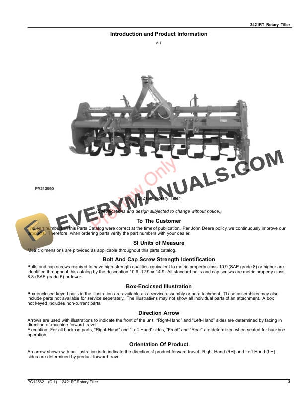 John Deere 2421RT Rotary Tiller Parts Catalog PC12562 06AUG23-3