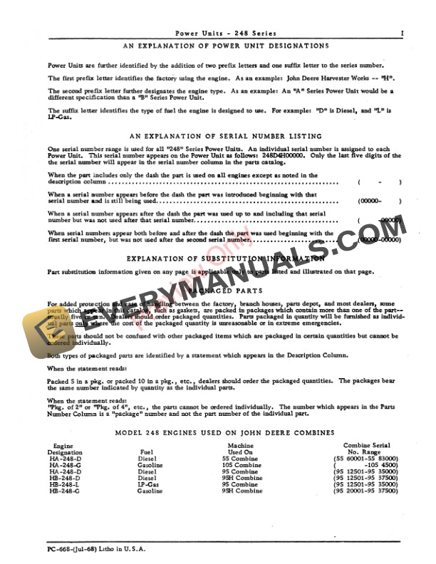 John Deere 248 LP-Gas or Diesel Power Units Parts Catalog PC668 01JUL68-3
