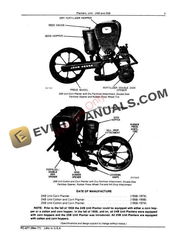John Deere 24B, 25B Unit Planters Parts Catalog PC677 01MAR77-3
