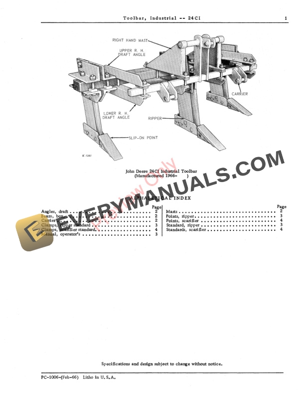 John Deere 24CI Industrial Toolbar Parts Catalog PC1006 01FEB66 3