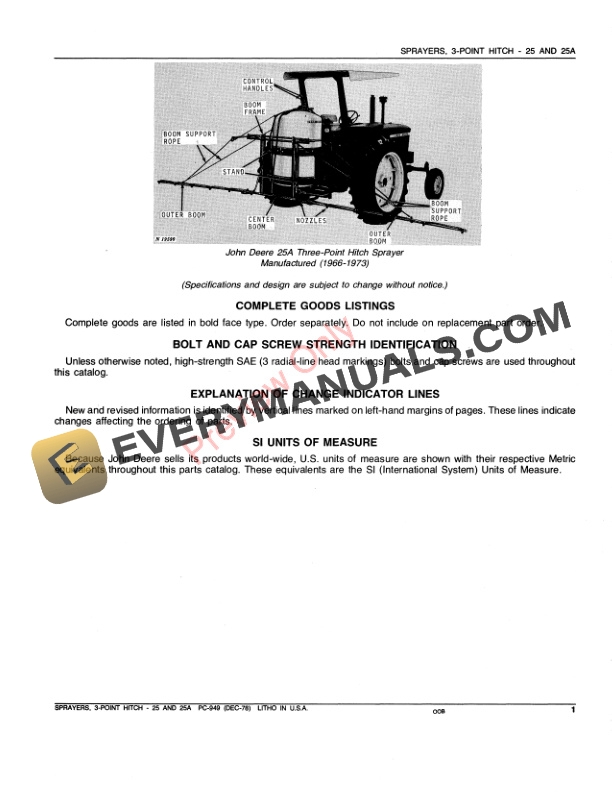 John Deere 25, 25A 3-Point Hitch Sprayers Parts Catalog PC949 23JUN80-3