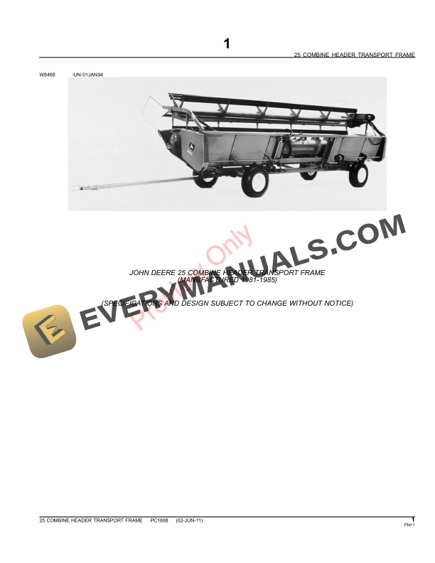 John Deere 25 Combine Header Transport Frame Parts Catalog PC1868 02JUN11-3