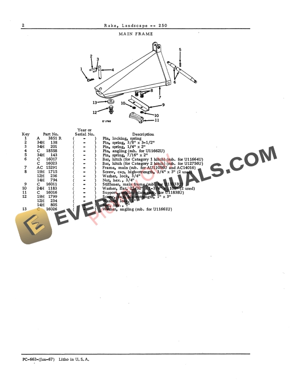 John Deere 250 Landscape Rake Parts Catalog PC662 01JAN67-4