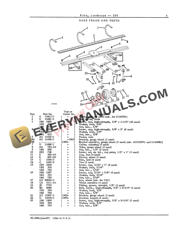 John Deere 250 Landscape Rake Parts Catalog PC662 01JAN67-5