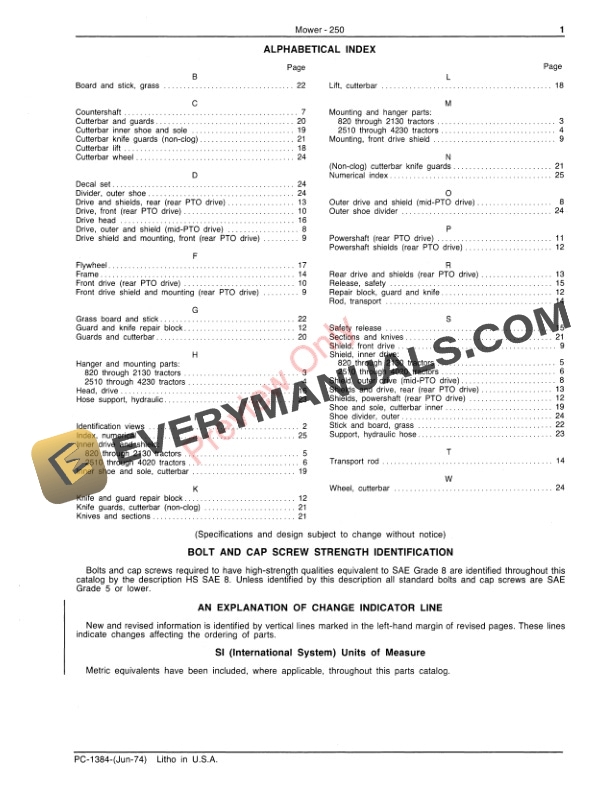 John Deere 250 Side Mounted Mower Parts Catalog PC1384 01JUN74-3