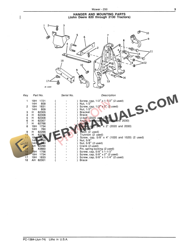 John Deere 250 Side Mounted Mower Parts Catalog PC1384 01JUN74-5