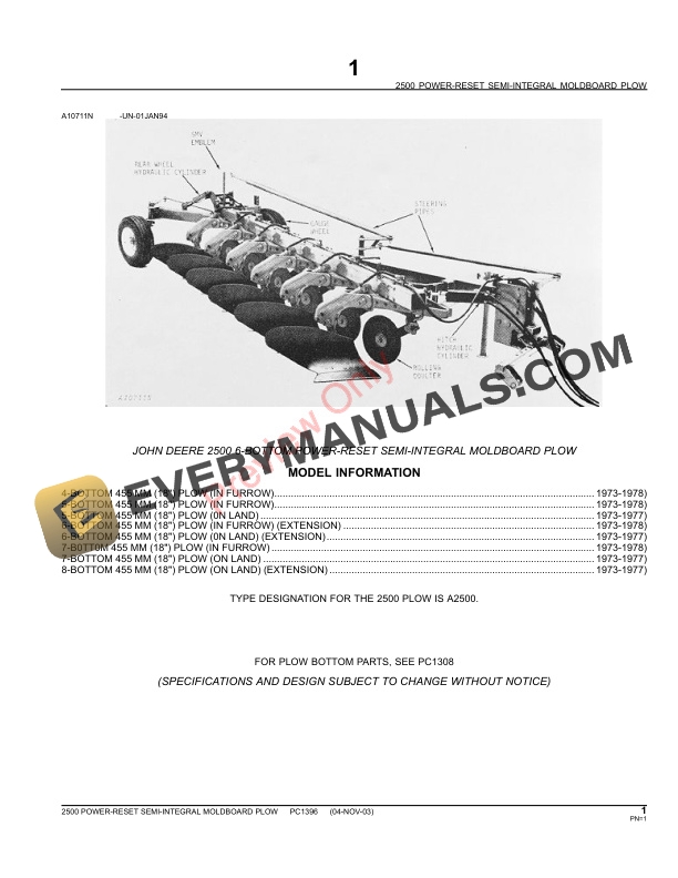 John Deere 2500 Power-Reset Semi-Integral Moldboard Plow Parts Catalog PC1396 13MAY11-3
