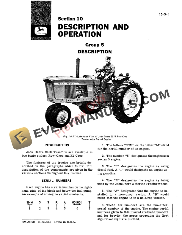 John Deere 2500 Series Tractors Service Manual SM2070 01DEC66 6 John Deere 2500 Series Tractors Service Manual SM2070 01DEC66 5