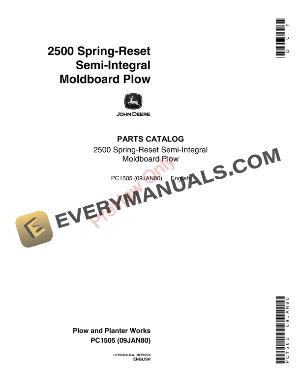 John Deere 2500 Spring-Reset Semi-Integral Moldboard Plow Parts Catalog PC1505 09JAN80-1