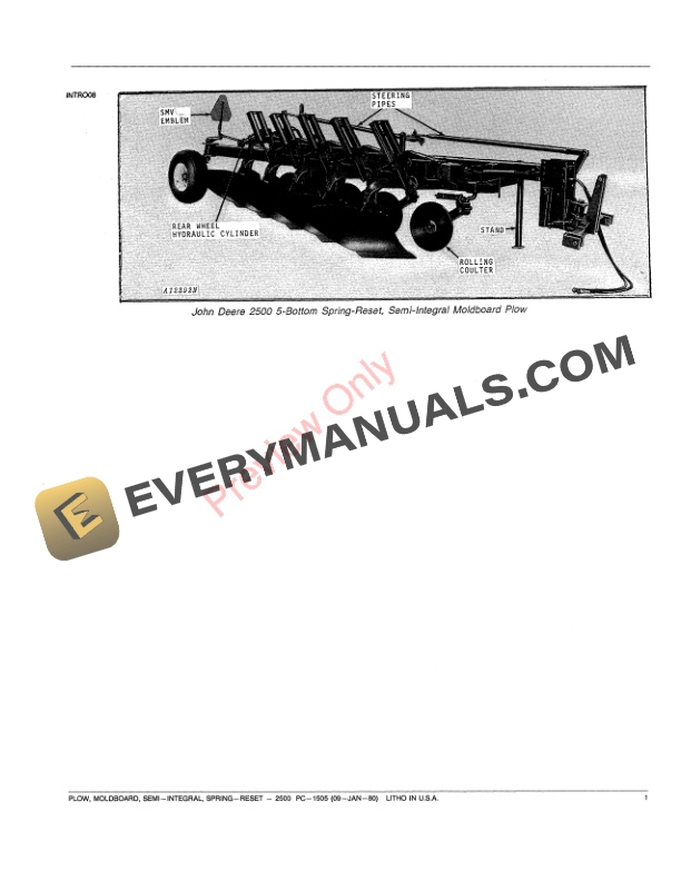 John Deere 2500 Spring-Reset Semi-Integral Moldboard Plow Parts Catalog PC1505 09JAN80 4 John Deere 2500 Spring-Reset Semi-Integral Moldboard Plow Parts Catalog PC1505 09JAN80-3