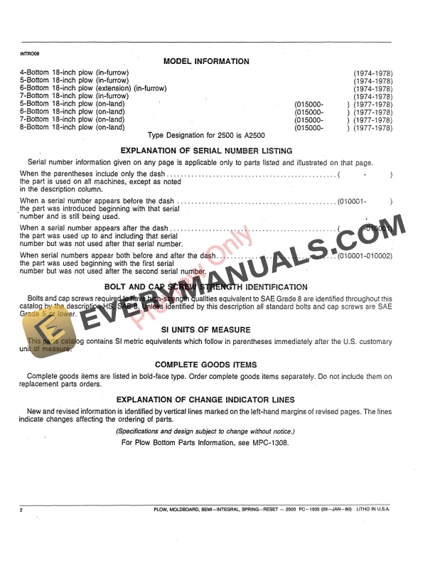 John Deere 2500 Spring-Reset Semi-Integral Moldboard Plow Parts Catalog PC1505 09JAN80 5 John Deere 2500 Spring-Reset Semi-Integral Moldboard Plow Parts Catalog PC1505 09JAN80-4